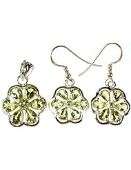 Fine Cut Peridot Flower Pendant with Earrings Set - Sterling Silver