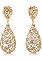 Goldtone with Clear Iced Out Vine Twist Teardrop Shaped 3.25 Inch Dangle Clip on Earrings