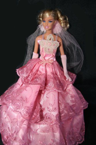 Dark Pink Barbie Sized Doll Wedding Dress