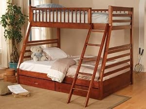 Twin Full Size Bunk Bed with Storage Drawers in Cherry Finish by Coaster