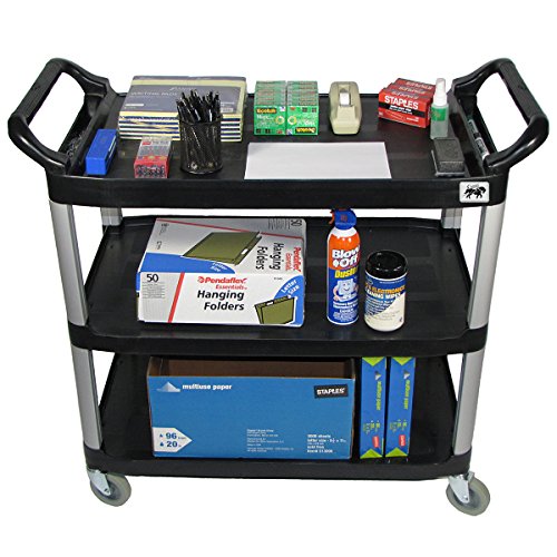 Crayata Office Supply Cart, 3 Shelf Heavy Duty Push or Pull Service Cart with Oversized Wheels