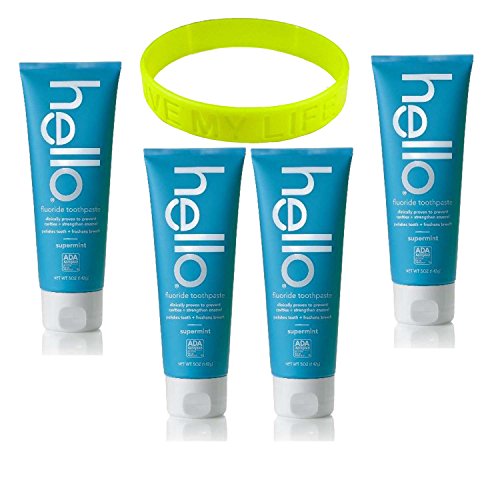 (4 Pack) Hello Toothpaste, Supermint, 5 Oz with Fluoride, Vegan and ADA Approved + LiveMyLife Wristband (Supermint, 4 X 5 OZ)