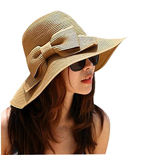 Sealike Foldable Bowknot Straw Hat Cap Wide Brim Beach Sun Visor for Women Girls with Stylus