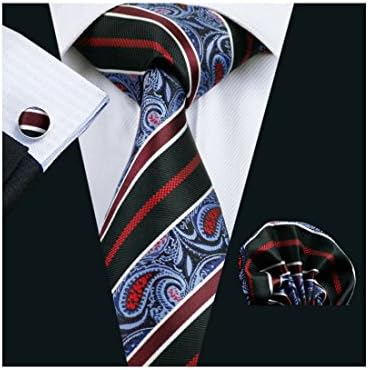 Men's Black, Red, Blue Paisley 100% Silk Jacquard Woven Tie+Hanky+Cufflinks Set