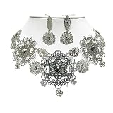 Silver Metal Filigree Flower Link Necklace and Earrings Set Fashion Jewelry