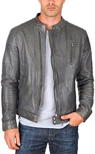 Aw Leather Men's Bomber Biker Lambskin Leather Jacket S Gray