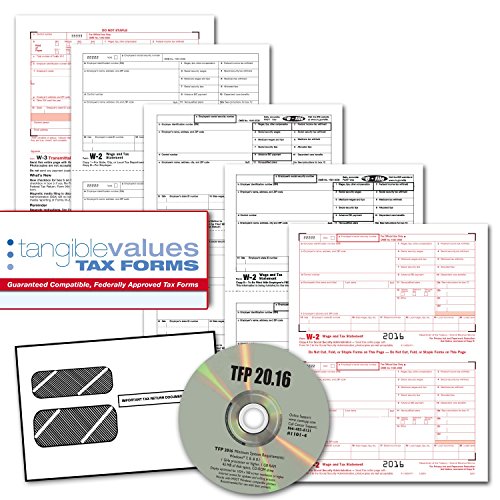 Tangible Values W-2 Laser Forms (4-Part) Kit with Envelopes Plus TFP Software for 50 Employees (2016)