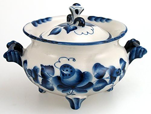 Gzhel: Ball Vase with Lid Hand Crafted Pottery Inspired Porcelain Tea Pot, Handpainted Blue and White Decor, Limited Authentic Eastern European Tableware