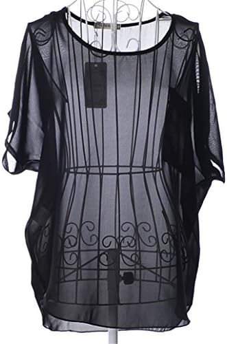 Lady Sexy Women's Pullover Bat Short-sleeve Chiffon T-shirt Clairvoyant Outfit (See through, Black)