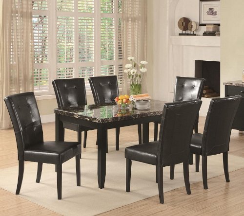7pc Dining Table Set with Black Marble Top in Dark Cappuccino Finish