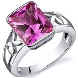 Large Radiant Cut 4.00 carats Pink Sapphire Solitaire Ring in Sterling Silver Rhodium Finish Available in Sizes 5 thru 9