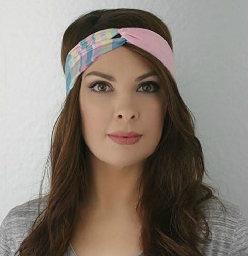 Pink Turquoise Blue Yellow Plaid Turban Inspired Head Wrap Head Band Turband Hair Band Stretchy