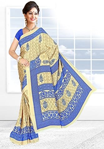 EthnicBella Cream &amp; Blue Colored American Crepe Saree-10463