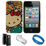 Hello Kitty Travel Sticker Snap On Hard Shell Protector Back Cover Case for Apple iPhone 4S Latest Generation (16GB, 32GB) iPhone 4th Generation Compatible with AT&T Verizon Sprint iPhone 4S + Privacy Screen Protecotr + White USB Wall Charger + SumacLife TM Wisdom*Courage Wristband