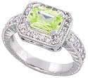 Sterling Silver Vintage Style Engagement ring, w/ an 8 x 6 mm (1.5 ct) Emerald Cut Light Peridot-colored CZ Stone, 7/16" (11mm) wide