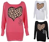 Women Full Sleeves Leopard Heart Print Batwing Top in Black/Coral and Cream.