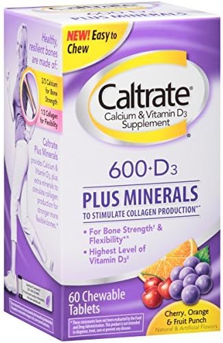 Caltrate 600+D3 Plus Minerals Calcium &amp; Vitamin D3 Supplement (Cherry, Orange, &amp; Fruit Punch Flavor, 60-Count Chewables) x Multipack of 4