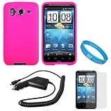 Hot Pink Rubberized Soft Silicone Skin Cover Case for AT&T Wireless New HTC Inspire 4G Android Smartphone + Clear Screen Protector + Black Rapid Car Charger with IC Chip + SumacLife TM Wisdom Courage Wristband