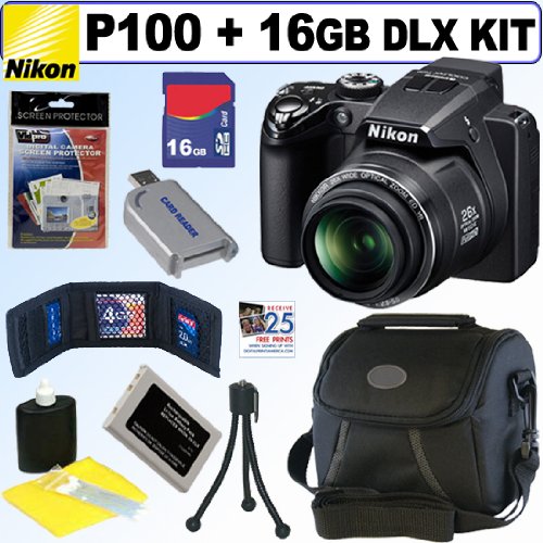 Nikon Coolpix P100 10 MP Digital Camera (Black) + 16GB Deluxe Accessory Kit