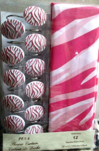 Bathroom Shower Curtain Set Hot Pink White Zebra Design W/matching Ceramic Hooks