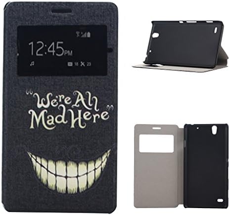 For Sony Xperia C4,GREENANT Personality Words(We are all mad here) And Weird Smile Print Design Premium PU Leather View Window Flip [Slim Fit][Stand Feature] Hard Protective Holster Case Cover For Sony Xperia C4 Smartphone