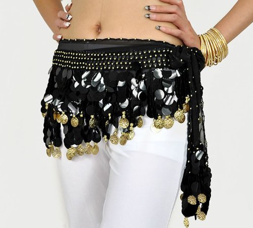 Big Saving Belly Dance Hip Scarf , Gold Coins Wave & Deluxe V-hape --Black