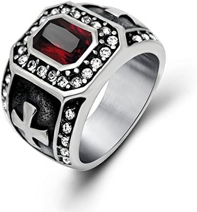 Fatu Fashion Men's Red Stone with Corss Stainless Steel Silver Rings US 10