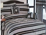 Queen Size 7 Pieces Napoli Black / Brick Strip Design Comforter Set