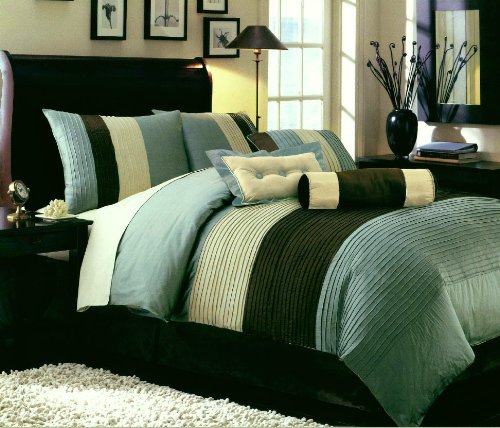 11 PC. MODERN BED IN A BAG SUPER SET CHOCOLATE BROWN W/ MATCHING PILLOWS AND SHEET SET, QUEEN, GREEN