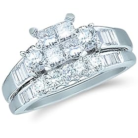 Size - 4 - 14k White Gold Diamond Ladies Womens Bridal Engagement Ring with Matching Wedding Band Two 2 Ring Set Invisible Solitaire Three 3 Stone Style Center Setting with Side Stones Channel Set with Five 5 Stone Princess , Round & Baguette Cut Diamond Ring 5mm (1.0 cttw, G - H Color, SI2 Clarity)