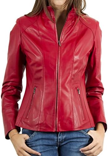 SkinOutfit Womens Stylish Slimfit Lambskin Motorcycle Biker Leather Jacket WJ 98 Dark Red L