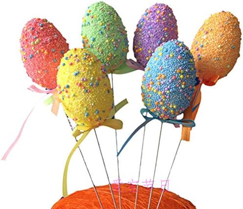 Happy Spring Easter Egg Artware Iron Wire Inserted Egg with Granule Decorative Pattern, 6 Small Eggs/Package