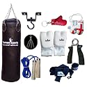 Vinyl Black Punch Bags Set 3 feet with Free Chrome Plated chain, Bag Mitts, Heavy dute Metal Ceiling Hook, Nylon Skipping Rope Blue, Boxing Glove UK Flagged Miniature and novelty, Boxing Gloves Key Chain Red and Black Hand Wraps