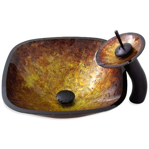 Geyser Mesopotamian Bathroom Glass Vessel Sink and Oil Rubbed Bronze Waterfall Faucet Combo