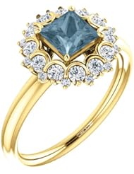 14K Yellow Gold Princess Cut Blue and White Diamond Flower Inspired Ring -- LIFETIME WARRANTY