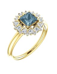 18K Yellow Gold Princess Cut Blue and White Diamond Flower Inspired Ring -- LIFETIME WARRANTY