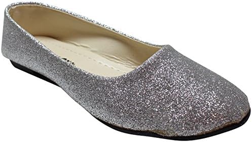 Women's Fashion Ballet Flats Glitter Round Toe Slip On Shoes, Silver, 10 B(M) US
