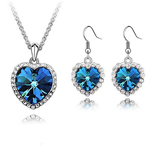 Sapphire Blue Long Teardrop Swarovski Element Set Austria Crystal Fashion Earrings Pendant Necklace FREE Organza Pouch Bag