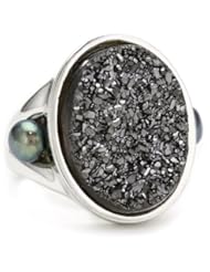 Honora "Rock Star" Freshwater Cultured Pearl and Black Agate Drusy Ring, Size 7