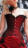 Sexy Black & Deep Red Brocade Corset with Ruffles Medium