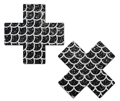 Plus X: Black Glitter &amp; Silver Scales Cross Nipple Pasties by Tease o/s