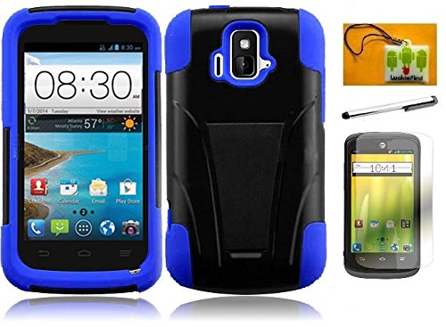 LF 4 in 1 Bundle Accessory - Hybrid Dual Layer Case with Stand, Lf Stylus Pen, Screen Protector & Wiper For (AT&T) ZTE Radiant z740 (Stand Black / Blue)
