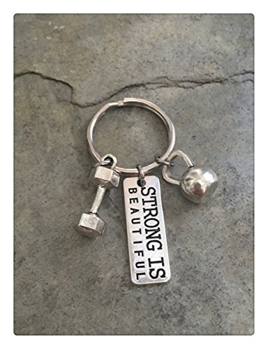 Strong Is Beautiful! - Bodybuilding Fitness 3 Charm Keychain or Necklace With Dumbbell, Kettlebell, and Strong Is Beautiful Tag