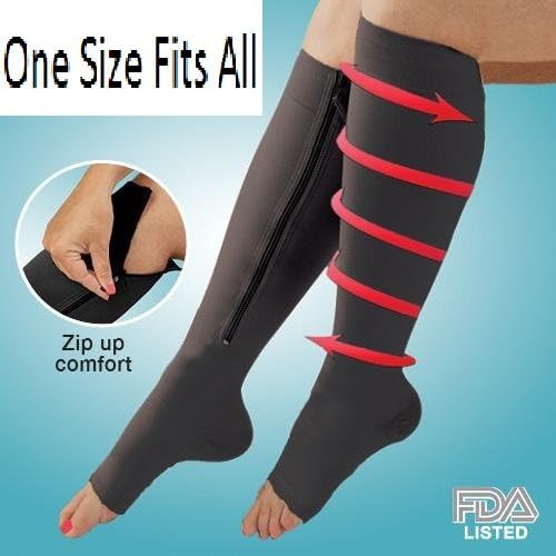 Zip-up Zipper Compression Socks Improve Blood Circulation Reduce Swelling Toeless Design Soft and Comfortable Stylish Fashionable Black One Size Fits All