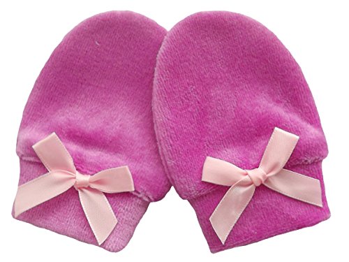 Organic Cotton / Bamboo Velour Newborn Baby Anti Scratch Mittens Handmade (0-3 Months, Raspberry/ Pink Satin Bow)