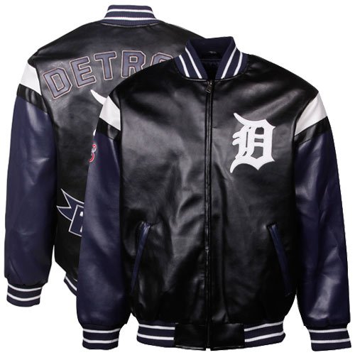 Detroit Tigers Black Pleather Varsity Full Zip Jacket (Small)