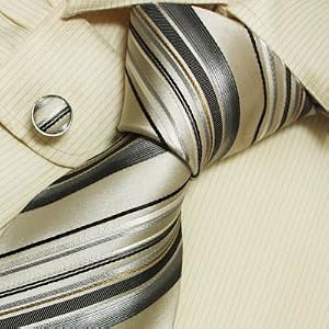 S4038 Designer Hand Made Grey Black Stripes Necktie Cufflinks Set with Gift Box Ties for Him...