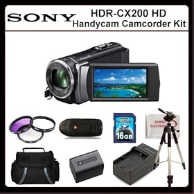 Sony HDR-CX200 High Definition Handycam Camcorder Kit Includes: Sony HDRCX200 HD Camcorder, 3 Piece Filter Kit(UV-CPL-FLD) Extended Life Battery, Rapid Travel Charger, 16GB Memory Card, Memory Card Reader, Full Size Tripod, Large Carrying Case & SSE Microfiber Cleaning Cloth