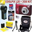 Nikon Coolpix L20 10MP Digital Camera (Deep Red) + 2GB Accessory Kit
