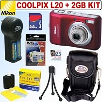 Nikon Coolpix L20 10MP Digital Camera (Deep Red) + 2GB Accessory Kit